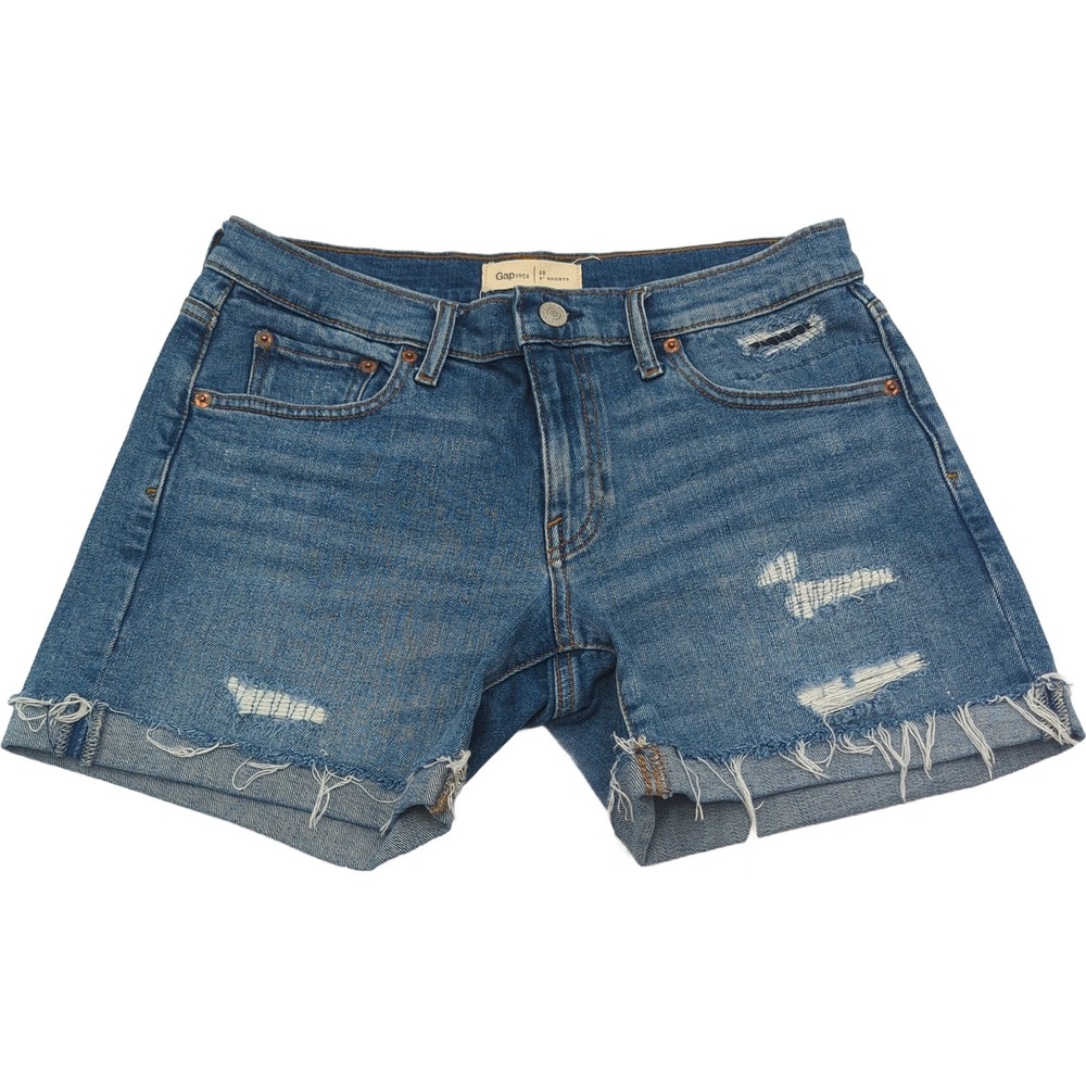Gap 1969 Womens 26 Blue Denim 5 Inch Shorts Distressed Frayed Hem Medium Wash
